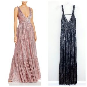 Sabina Musayev Dominique Gown (Sz M) Twisted Straps Black Sequin Tulle Mesh Maxi